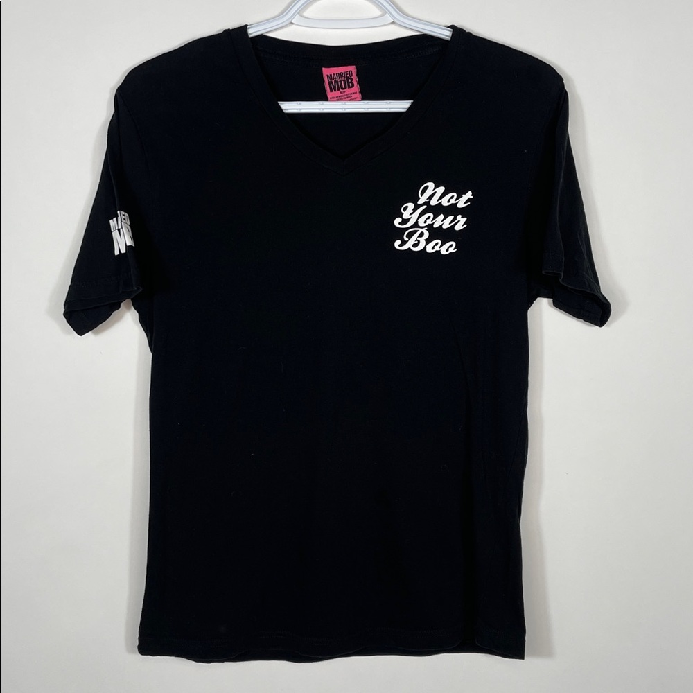 Married to the Mob Black V-Neck Tee with White Text